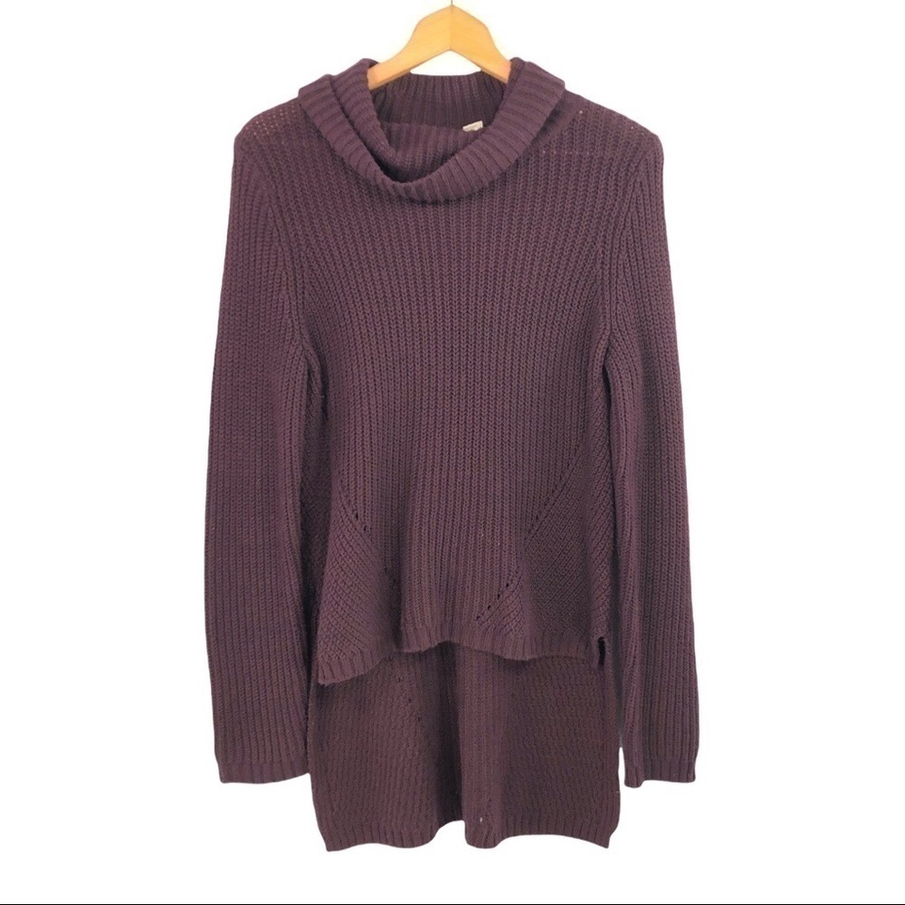 Anthro. Moth - Deep Plum High Low Step Hem Cowlneck Wool Blend Sweater - Small